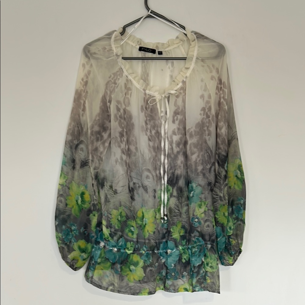 Sheer Floral Blouse - Green and Grey